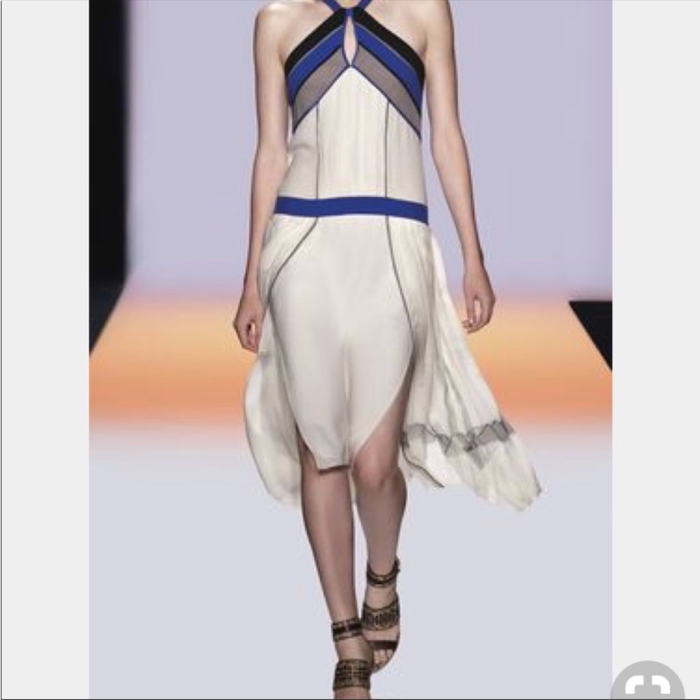 BCBG MaxAzria Runway Voletta dress blue/white/black pleated halter dress. Size M